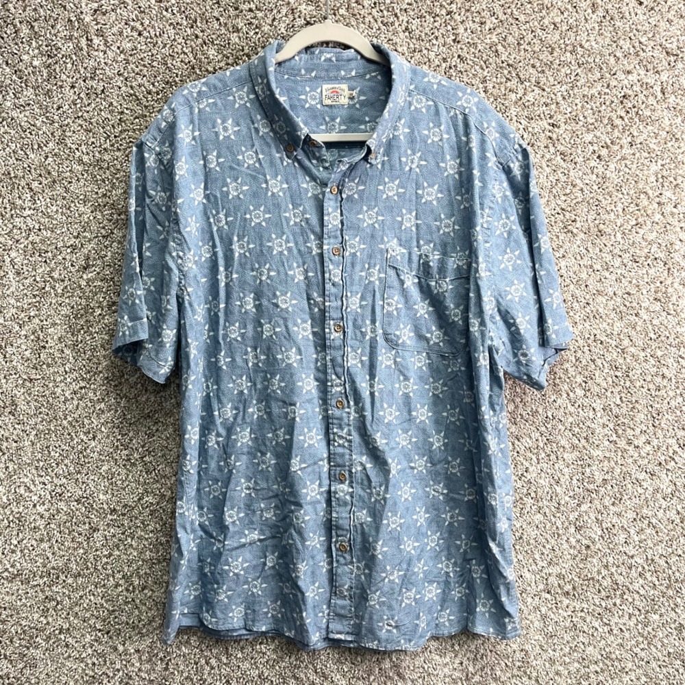 Faherty Shirt Men's XXL Playa Blue Eastern Tile Star Short Sleeve Button Down